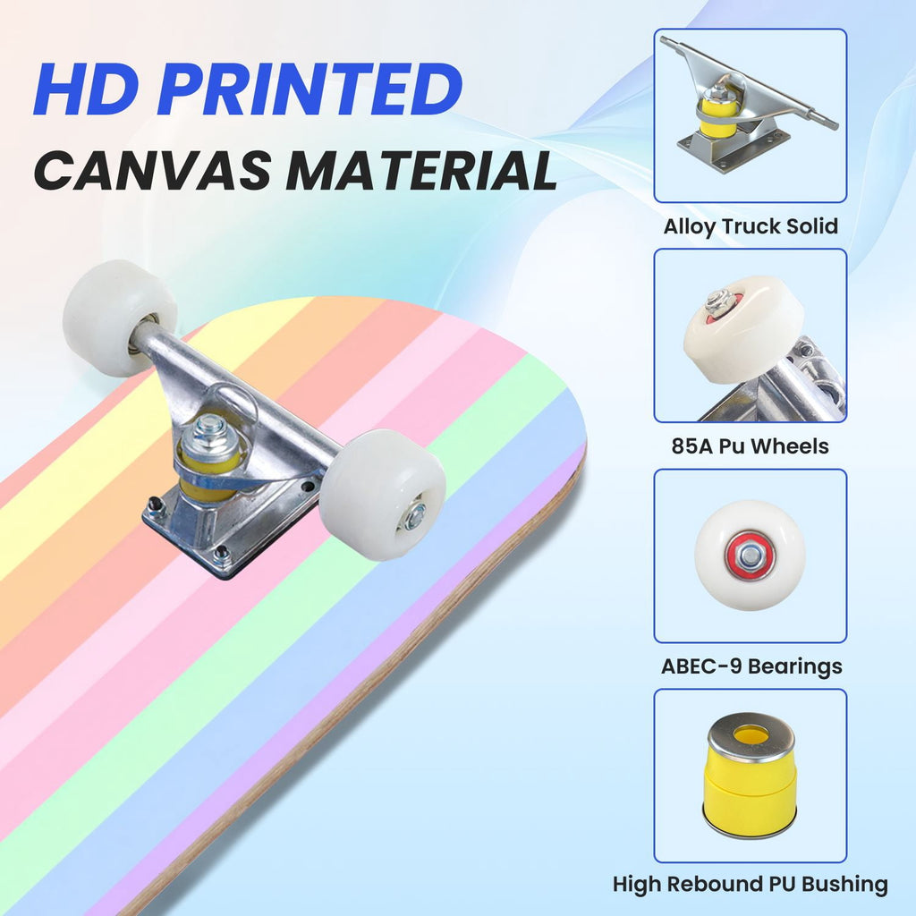 31"x8" Complete Skateboards for Beginners,Watercolor Watermelon Slices Pink Striped Double Kick 7 Ply Canadian Maple Deck Skateboard with Wheels, Gifts for Kids Teens