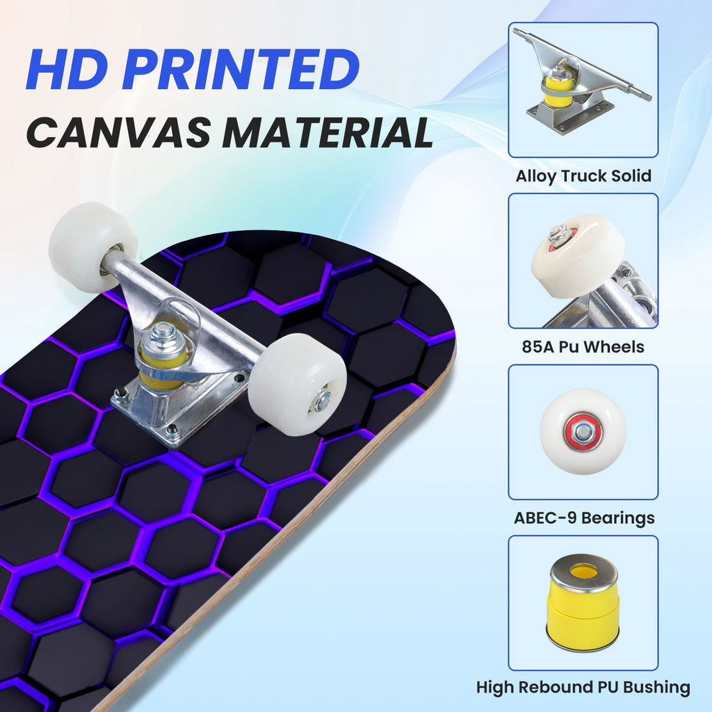 31"x8" Complete Skateboards for Beginners,Geometric Hexagon Glowing Neon Blue Purple Double Kick 7 Ply Canadian Maple Deck Skateboard with Wheels, Gifts for Kids Teens