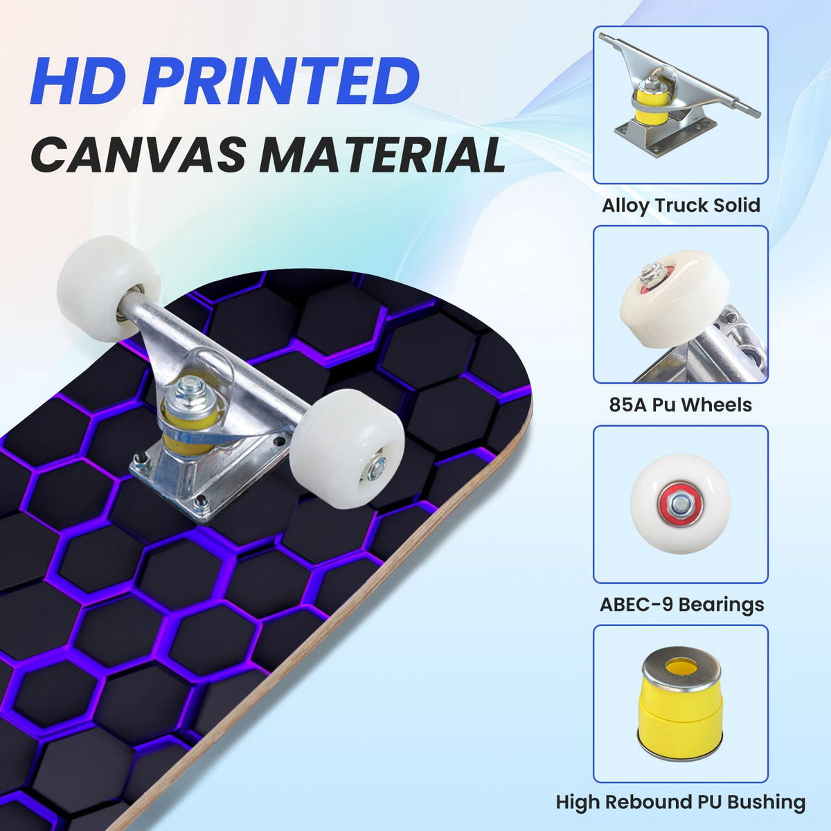 31"x8" Complete Skateboards for Beginners,Geometric Hexagon Glowing Neon Blue Purple Double Kick 7 Ply Canadian Maple Deck Skateboard with Wheels, Gifts for Kids Teens