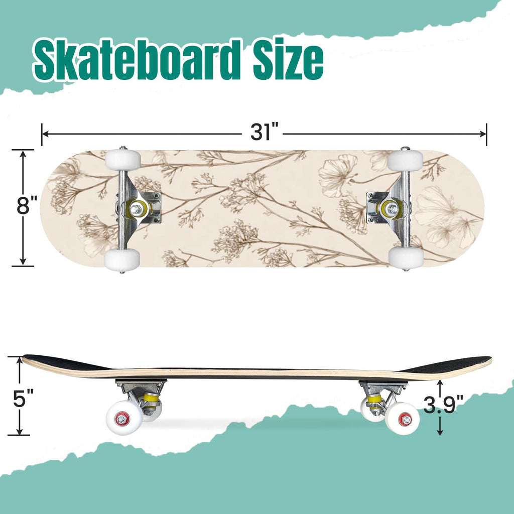 Watercolor Botanical Blue Green Leaves Flowers 31" x 8" Complete Skateboard, 7-Ply Canadian Maple Double Kick Trick Board for Kids and Beginners Adult Gifts