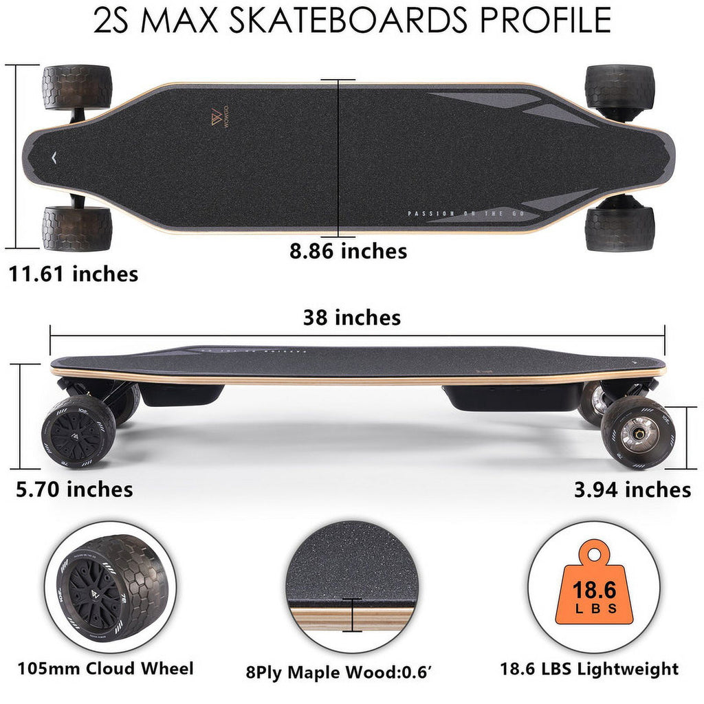 WOWGO Electric Skateboards Longboard with Top Speed 29MPH Dual 550W Motors for Adults Beginners Max Load 330LB, 105mm Honeycomb Wheels E Skate Board with 14.3Mile Long Range for Commute -2S MAX
