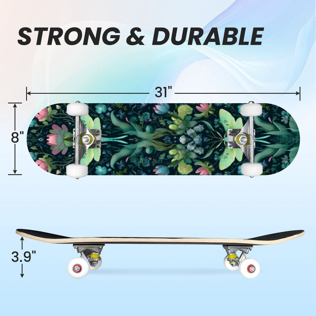 31"x8" Complete Skateboards for Beginners,Whimsical Moths Flowers Pastel Colors Stars Moon Mystical Double Kick 7 Ply Canadian Maple Deck Skateboard with Wheels, Gifts for Kids Teens
