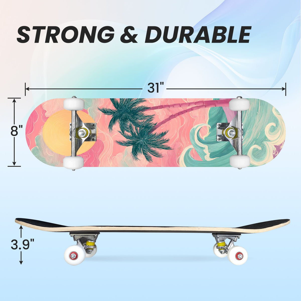 31"x8" Complete Skateboards for Beginners, Abstract Wavy Purple Beige Zebra Design Double Kick 7 Ply Canadian Maple Deck Skateboard with Wheels, Gifts for Kids Teens