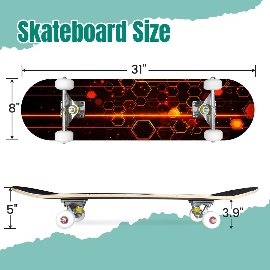 Glowing Futuristic Cubic Tunnel Metallic Tiles Bright Light 31" x 8" Complete Skateboard, 7-Ply Canadian Maple Double Kick Trick Board for Kids and Beginners Adult Gifts
