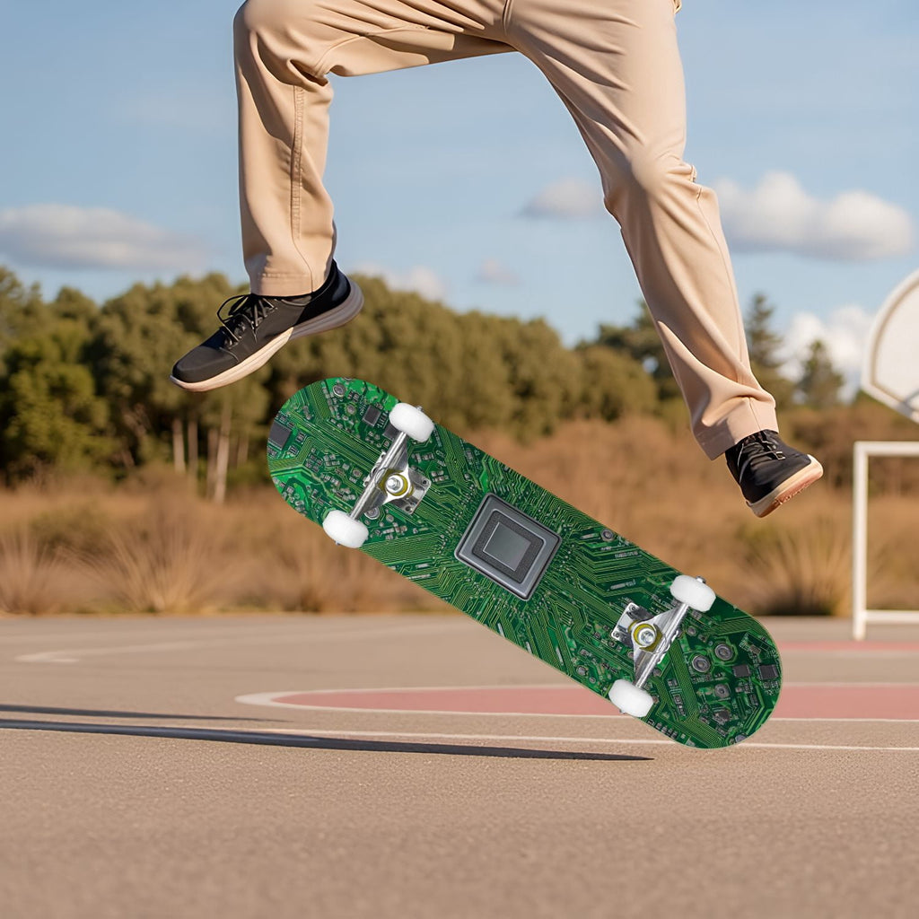 Futuristic Blue Abstract Technology Glowing Core 31" x 8" Complete Skateboard, 7-Ply Canadian Maple Double Kick Trick Board for Kids and Beginners Adult Gifts