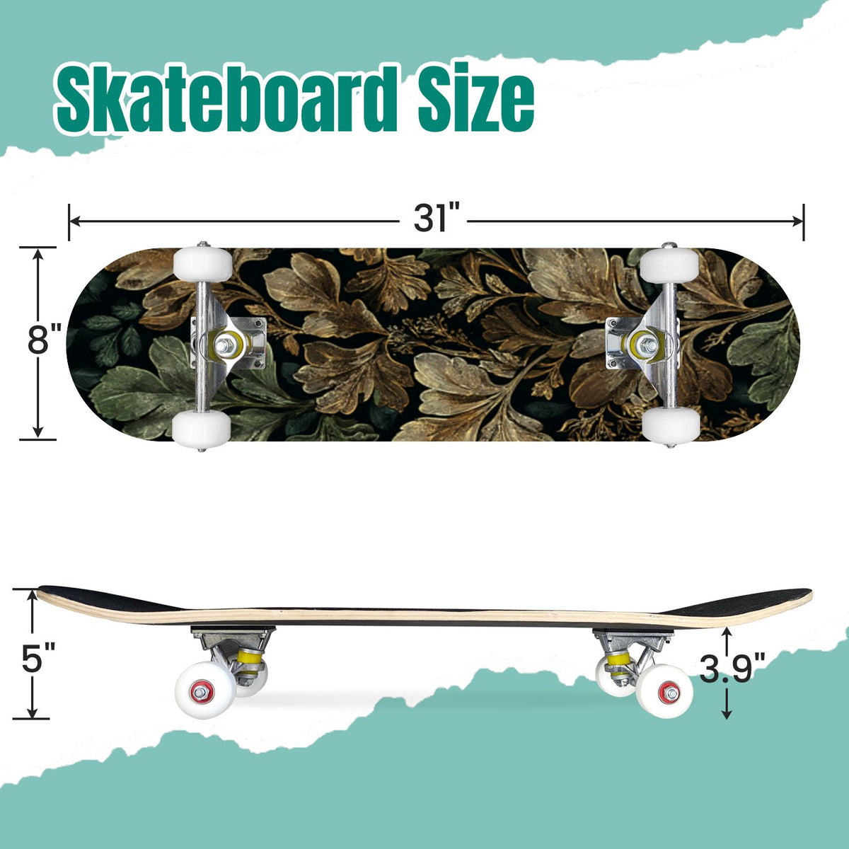 Botanical Embroidery Golden Green Leaves Black 31" x 8" Complete Skateboard, 7-Ply Canadian Maple Double Kick Trick Board for Kids and Beginners Adult Gifts