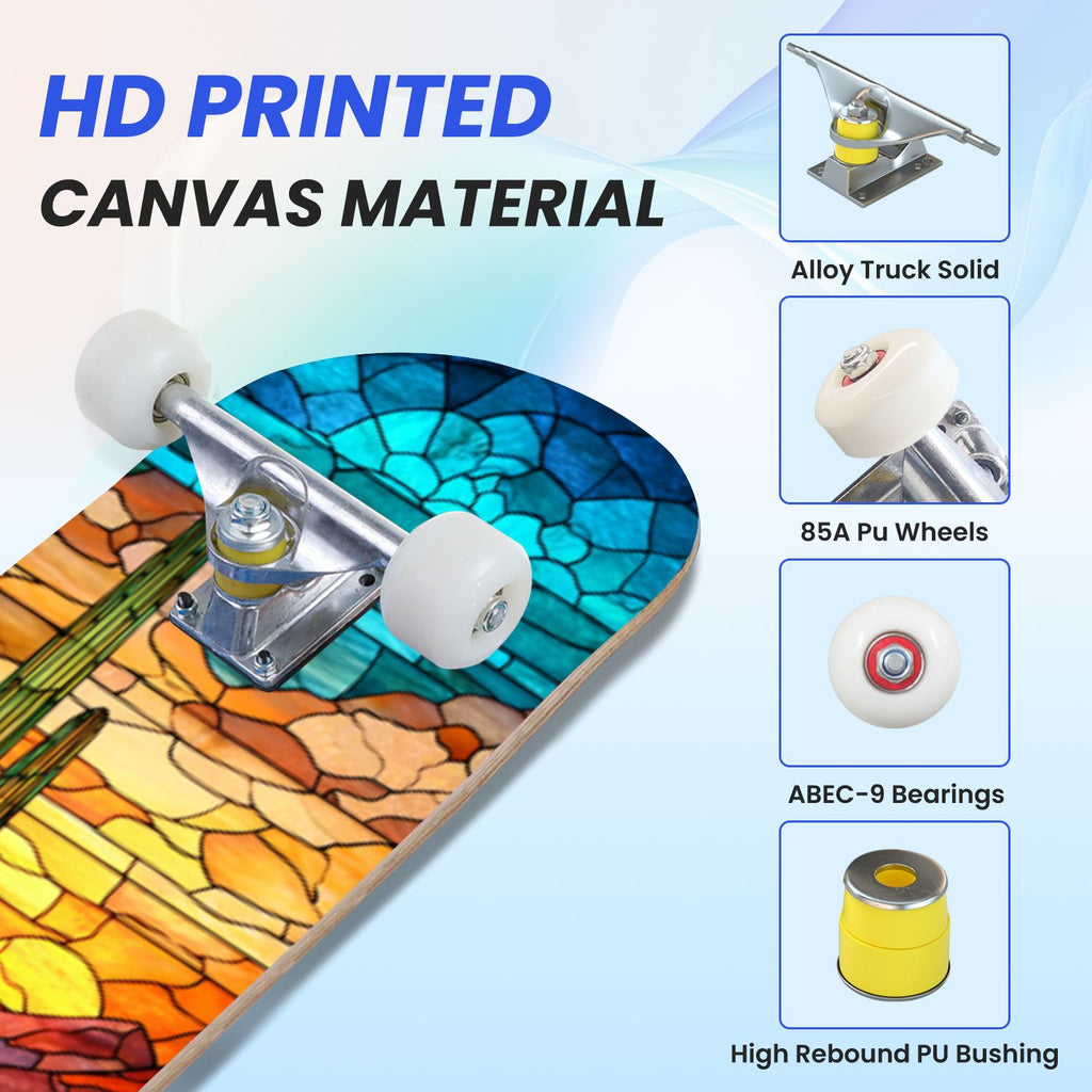 31"x8" Complete Skateboards for Beginners, Vibrant Stained Glass Window Butterflies Flowers Double Kick 7 Ply Canadian Maple Deck Skateboard with Wheels, Gifts for Kids Teens