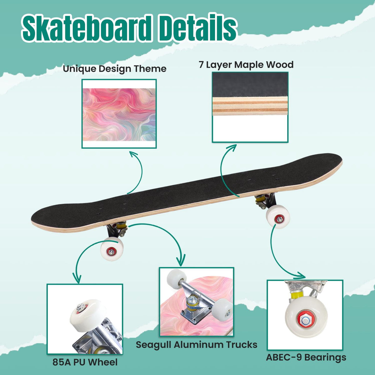 Pink Marble Fluid Abstract Design 31" x 8" Complete Skateboard, 7-Ply Canadian Maple Double Kick Trick Board for Kids and Beginners Adult Gifts