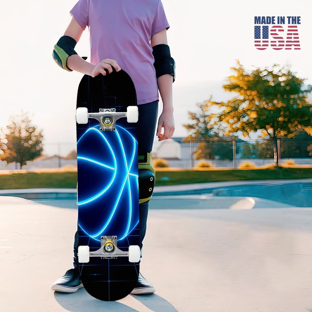31"x8" Complete Skateboards for Beginners, Honeycomb Futuristic Hexagonal Neon Glowing Orange Light Double Kick 7 Ply Canadian Maple Deck Skateboard with Wheels, Gifts for Kids Teens