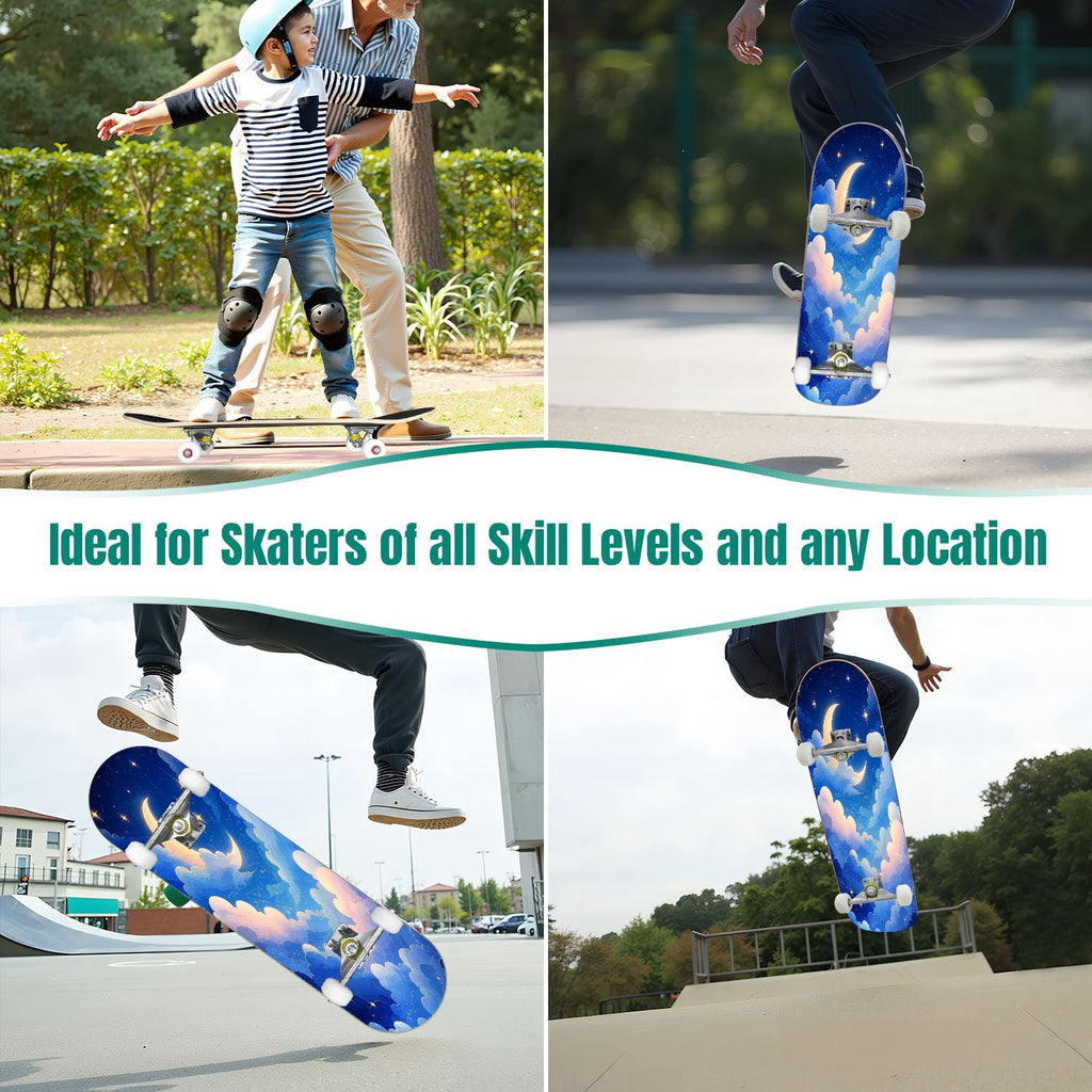 31"x8" Complete Skateboards for Beginners,Blue White Vintage Floral Roses Ornate Swirls Double Kick 7 Ply Canadian Maple Deck Skateboard with Wheels, Gifts for Kids Teens