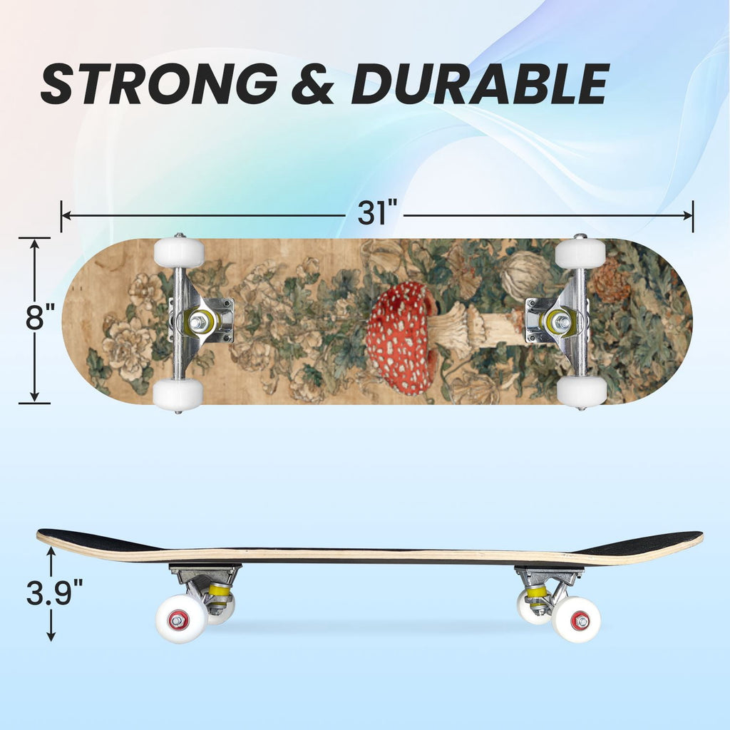 31"x8" poisous plants Mushroom Complete Skateboard for Beginners hand colored vintage retro 7 Layer Maple Deck Double Kick Kids Skateboard with 85A PU Wheels Gifts for Kids Teens