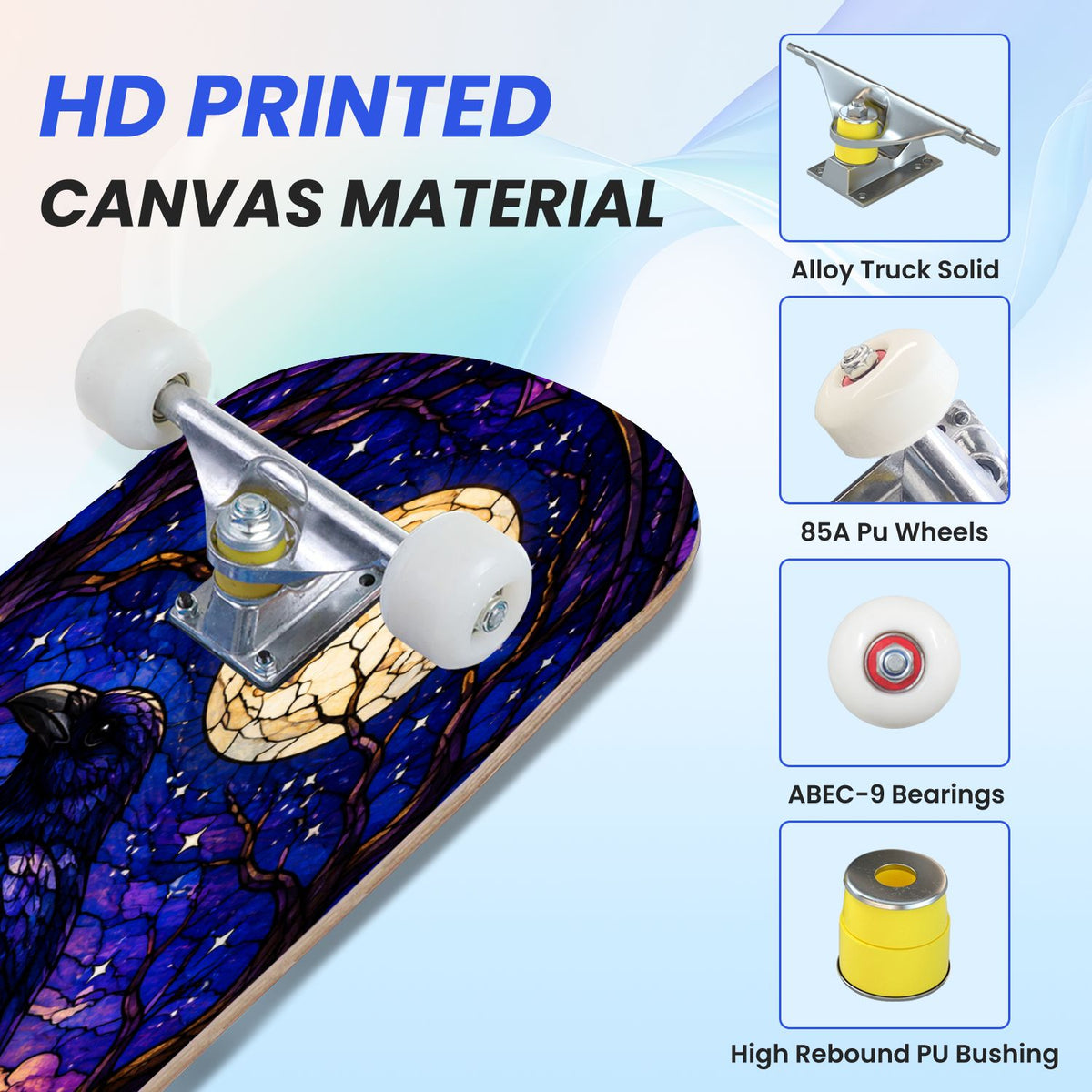 31"x8" Complete Skateboards for Beginners, Colorful Mushroom Floral Magical Night Forest Vintage Double Kick 7 Ply Canadian Maple Deck Skateboard with Wheels, Gifts for Kids Teens