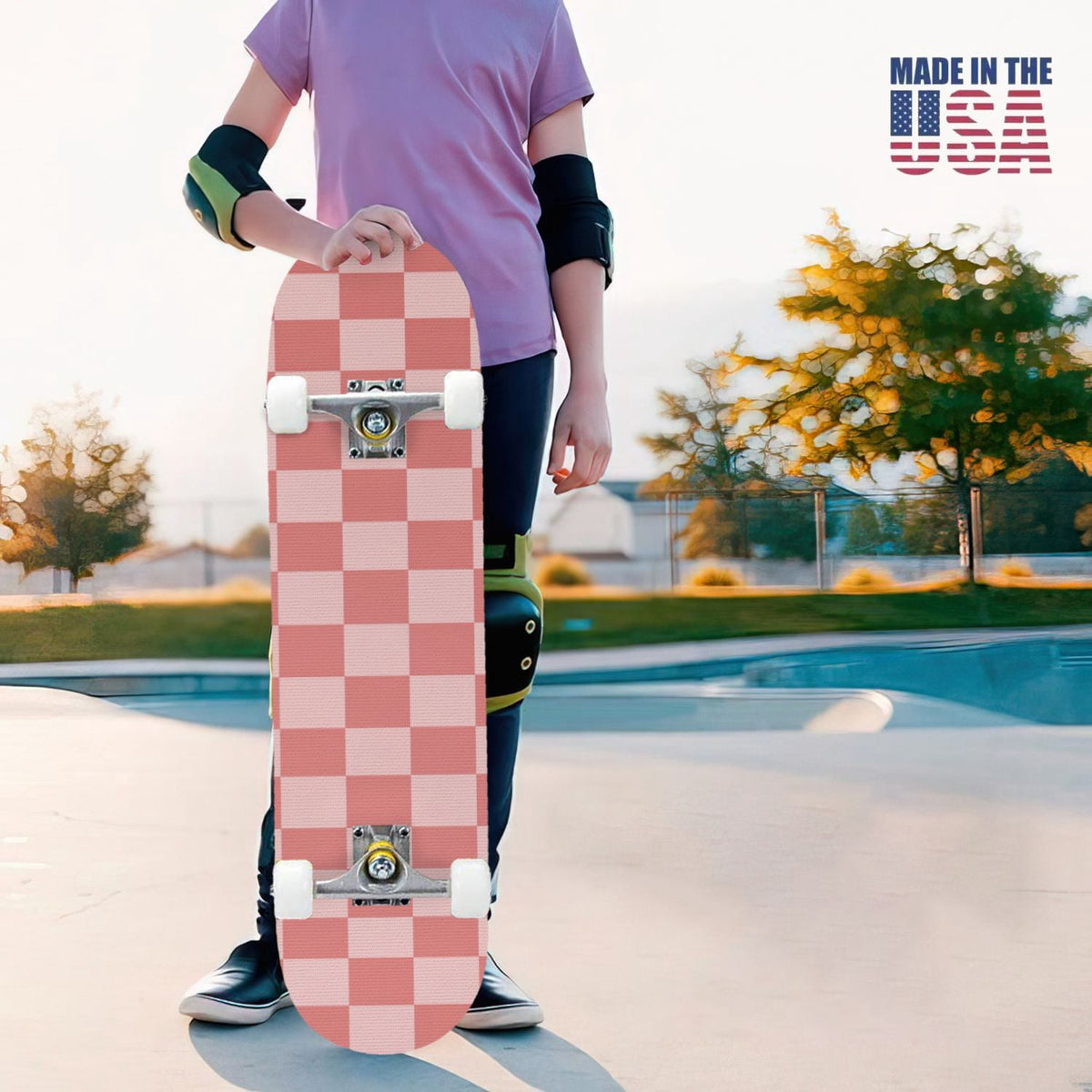 31"x8" Complete Skateboards for Beginners,Colorful Geometric Tile Multicolored Squares Double Kick 7 Ply Canadian Maple Deck Skateboard with Wheels, Gifts for Kids Teens