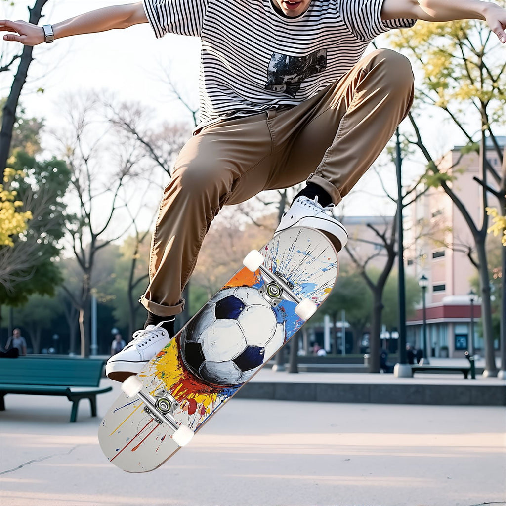 31"x8" Complete Skateboards for Beginners,Abstract Soccer Ball Vibrant Paint Splashes Drips Double Kick 7 Ply Canadian Maple Deck Skateboard with Wheels, Sports Gifts for Kids Teens