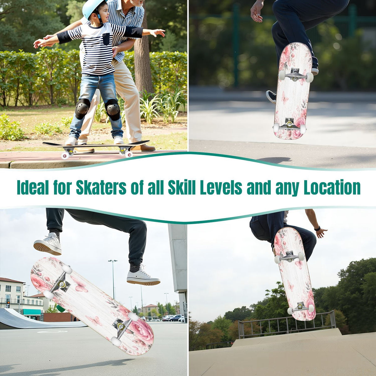 Rose Teal Rose Painting Turquoise Blue Flower Kitchen Decor 31" x 8" Complete Skateboard, 7-Ply Canadian Maple Double Kick Trick Board for Kids and Beginners Adult Gifts