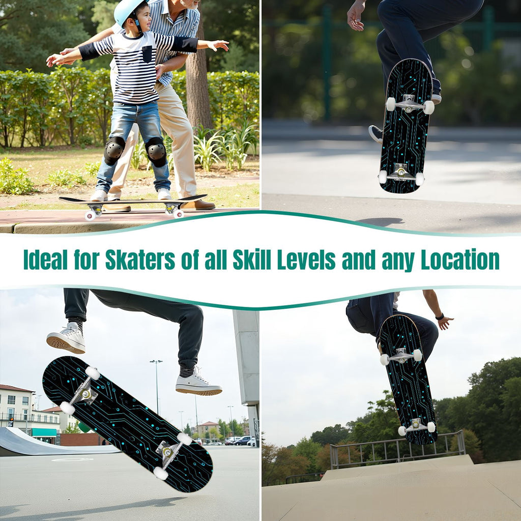 31"x8" Complete Skateboards for Beginners,Hexagon neon blue glow futuristic Double Kick 7 Ply Canadian Maple Deck Skateboard with Wheels, Gifts for Kids Teens