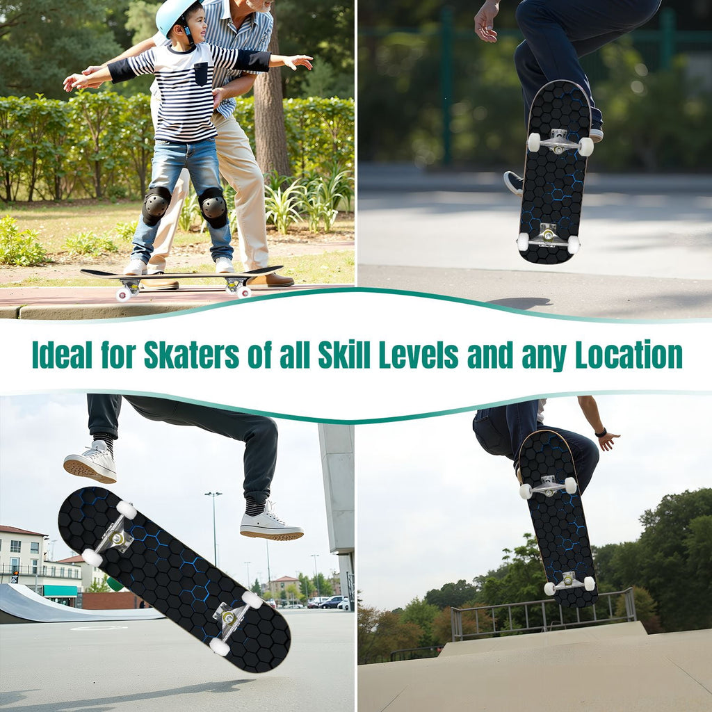 31"x8" Complete Skateboards for Beginners,Black Hexagon Honeycomb Glowing Blue Accents Double Kick 7 Ply Canadian Maple Deck Skateboard with Wheels, Gifts for Kids Teens