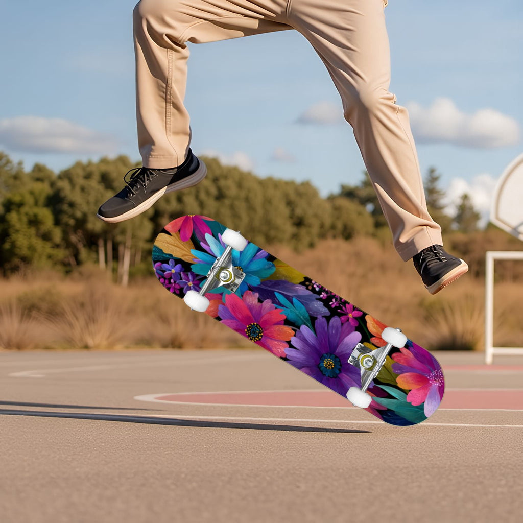 Golden Floral Line Art Seamless 31" x 8" Complete Skateboard, 7-Ply Canadian Maple Double Kick Trick Board for Kids and Beginners Adult Gifts