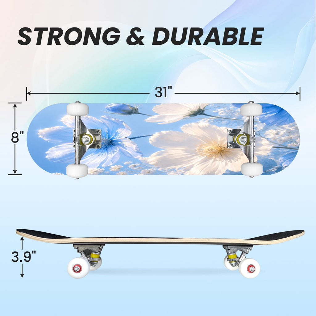 31"x8" Complete Skateboards for Beginners,Elegant White Blue Flowers Soft Petals Dreamy Artistic Double Kick 7 Ply Canadian Maple Deck Skateboard with Wheels, Gifts for Kids Teens