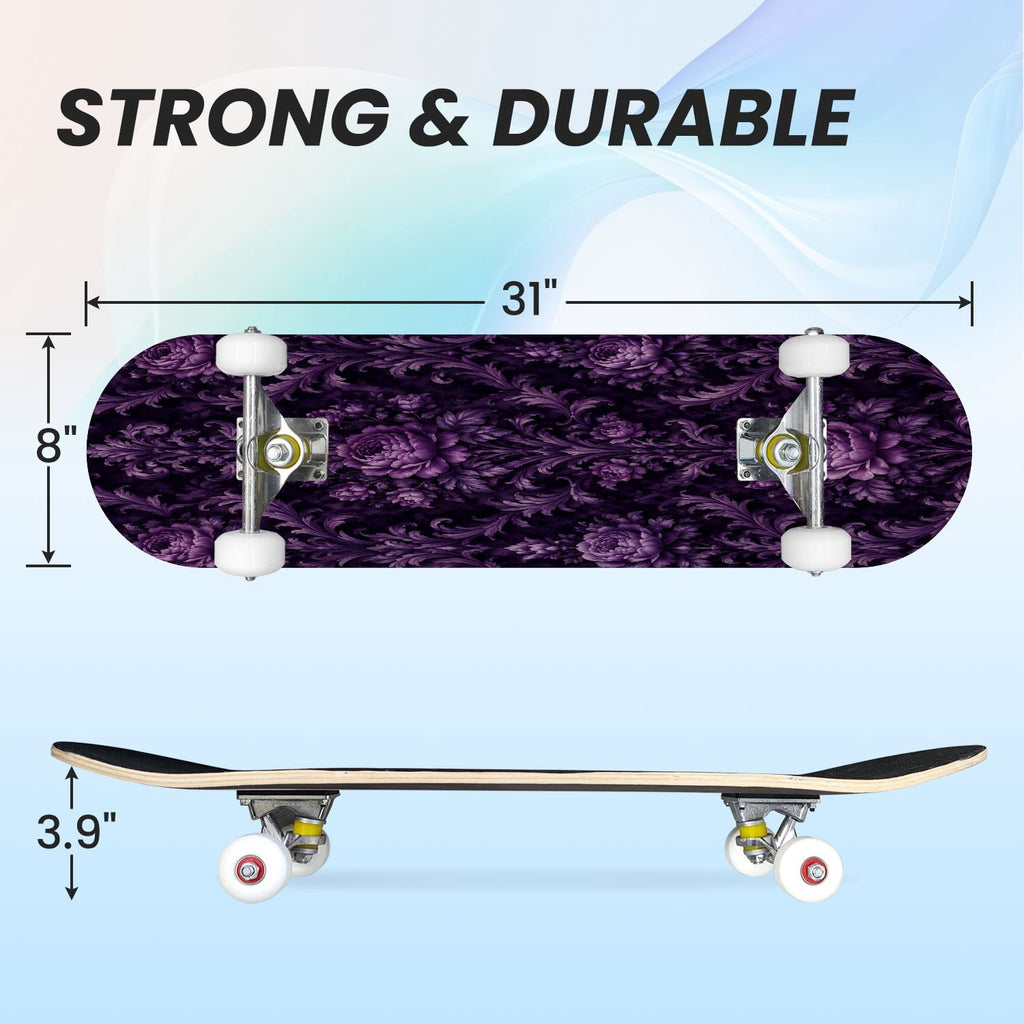 31"x8" Complete Skateboards for Beginners, Purple White Cosmos Flowers Butterflies Watercolor Double Kick 7 Ply Canadian Maple Deck Skateboard with Wheels, Gifts for Kids Teens