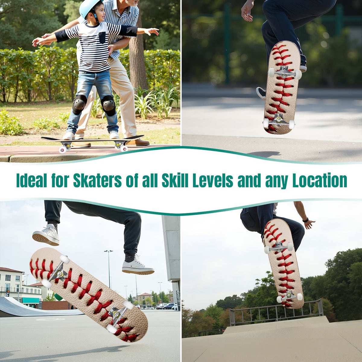 31"x8" Complete Skateboards for Beginners,Close up Baseball Red Stitches Leather Double Kick 7 Ply Canadian Maple Deck Skateboard with Wheels, Sports Gifts for Kids Teens