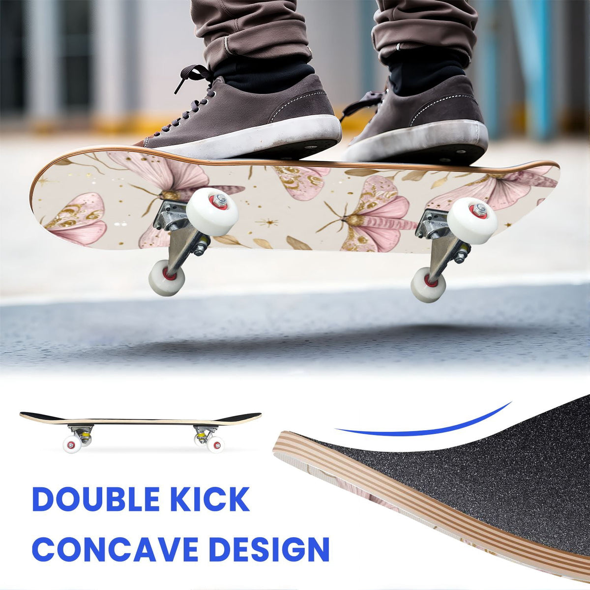 31"x8" Complete Skateboards for Beginners,Whimsical Moths Flowers Pastel Colors Stars Moon Mystical Double Kick 7 Ply Canadian Maple Deck Skateboard with Wheels, Gifts for Kids Teens