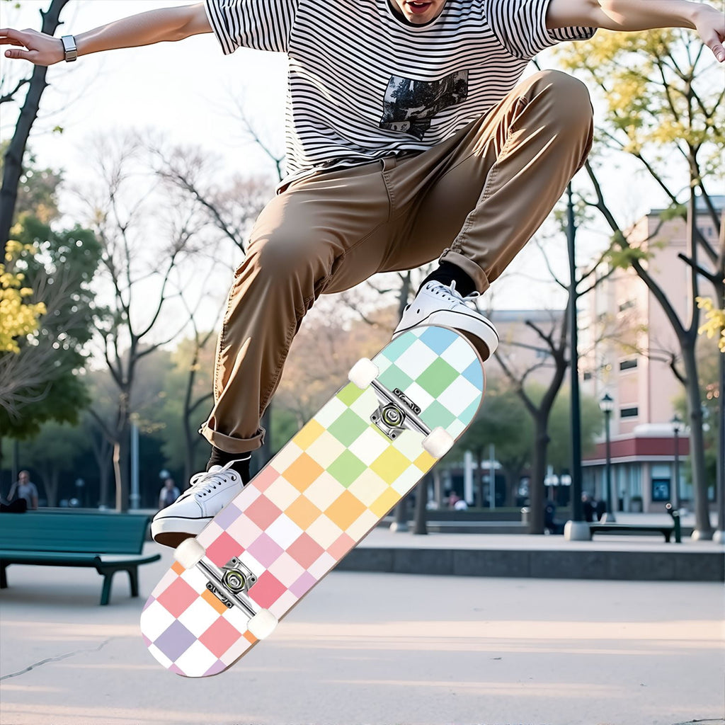31"x8" Complete Skateboards for Beginners,Light Green White Gingham Checkered Double Kick 7 Ply Canadian Maple Deck Skateboard with Wheels, Gifts for Kids Teens