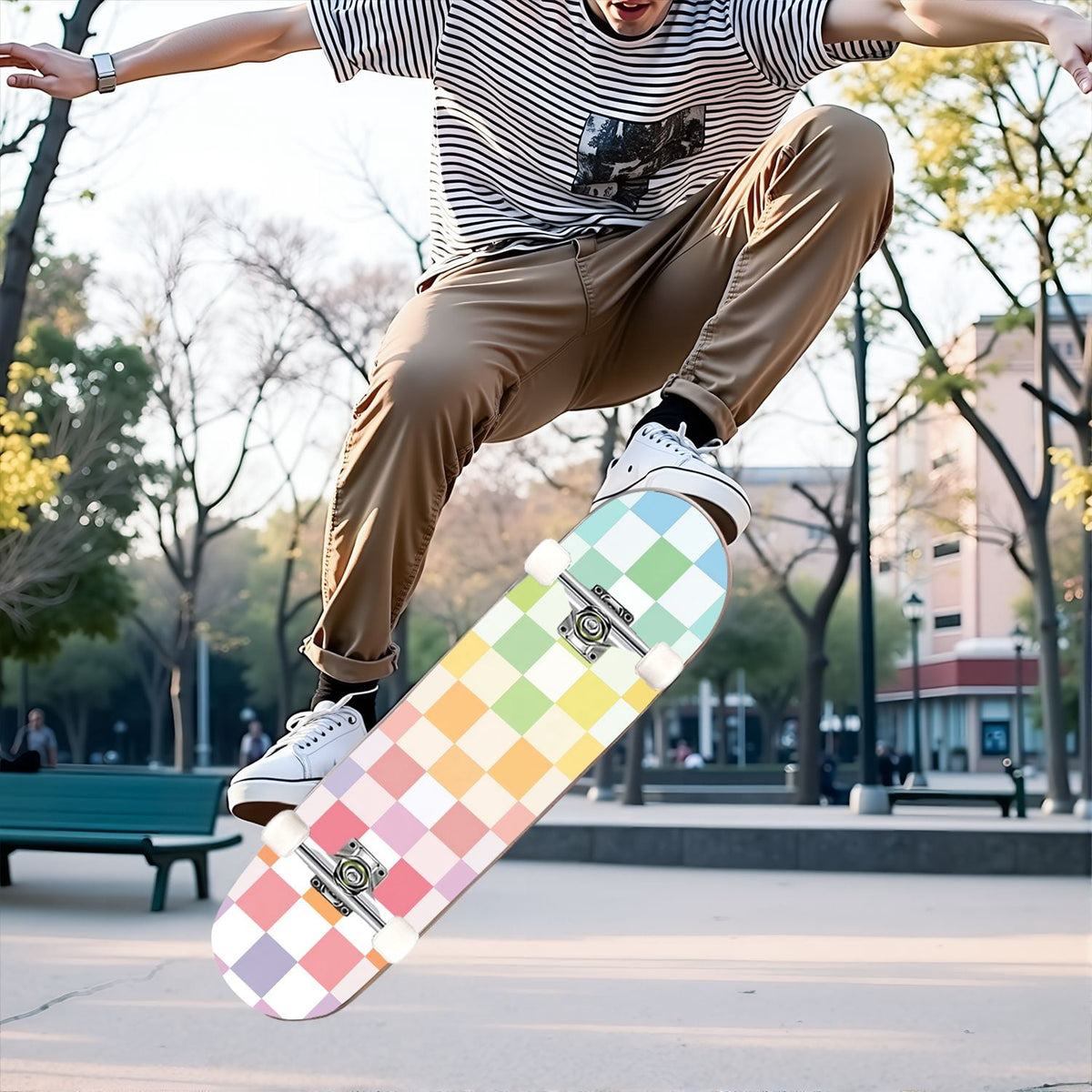 31"x8" Complete Skateboards for Beginners,Light Green White Gingham Checkered Double Kick 7 Ply Canadian Maple Deck Skateboard with Wheels, Gifts for Kids Teens