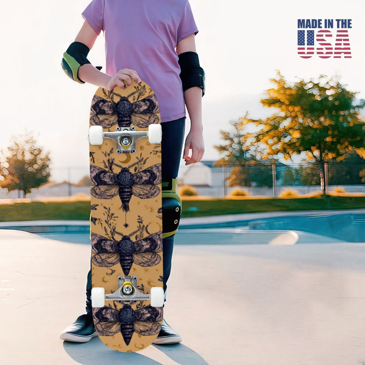 31"x8" Complete Skateboards for Beginners,Whimsical Moths Flowers Pastel Colors Stars Moon Mystical Double Kick 7 Ply Canadian Maple Deck Skateboard with Wheels, Gifts for Kids Teens