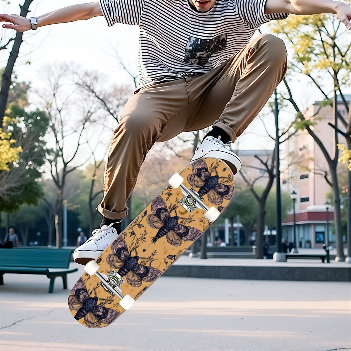 31"x8" Complete Skateboards for Beginners,Whimsical Moths Flowers Pastel Colors Stars Moon Mystical Double Kick 7 Ply Canadian Maple Deck Skateboard with Wheels, Gifts for Kids Teens