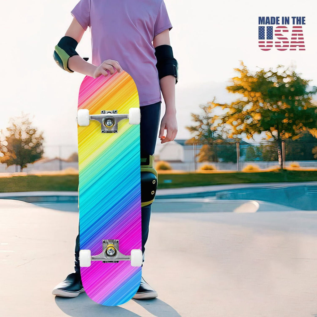 31"x8" Complete Skateboards for Beginners,Vibrant Diagonal Rainbow Gradient Abstract Art Double Kick 7 Ply Canadian Maple Deck Skateboard with Wheels, Gifts for Kids Teens