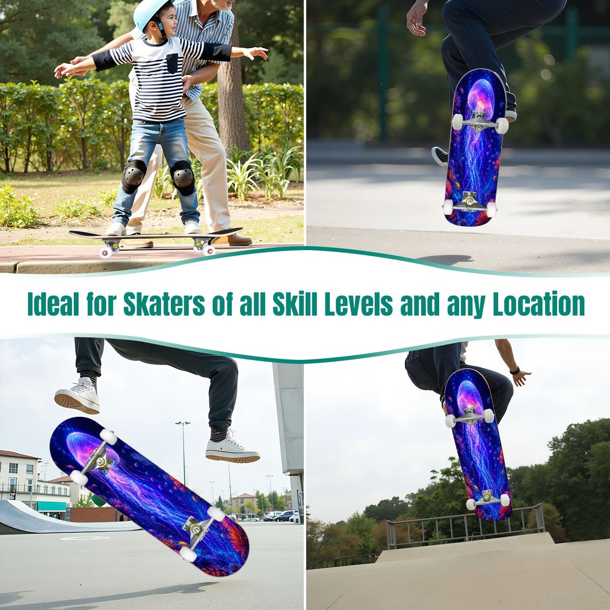 31"x8" Complete Skateboards for Beginners, Underwater Sharks Glowing Purple Jellyfish Marine Life Double Kick 7 Ply Canadian Maple Deck Skateboard with Wheels, Gifts for Kids Teens
