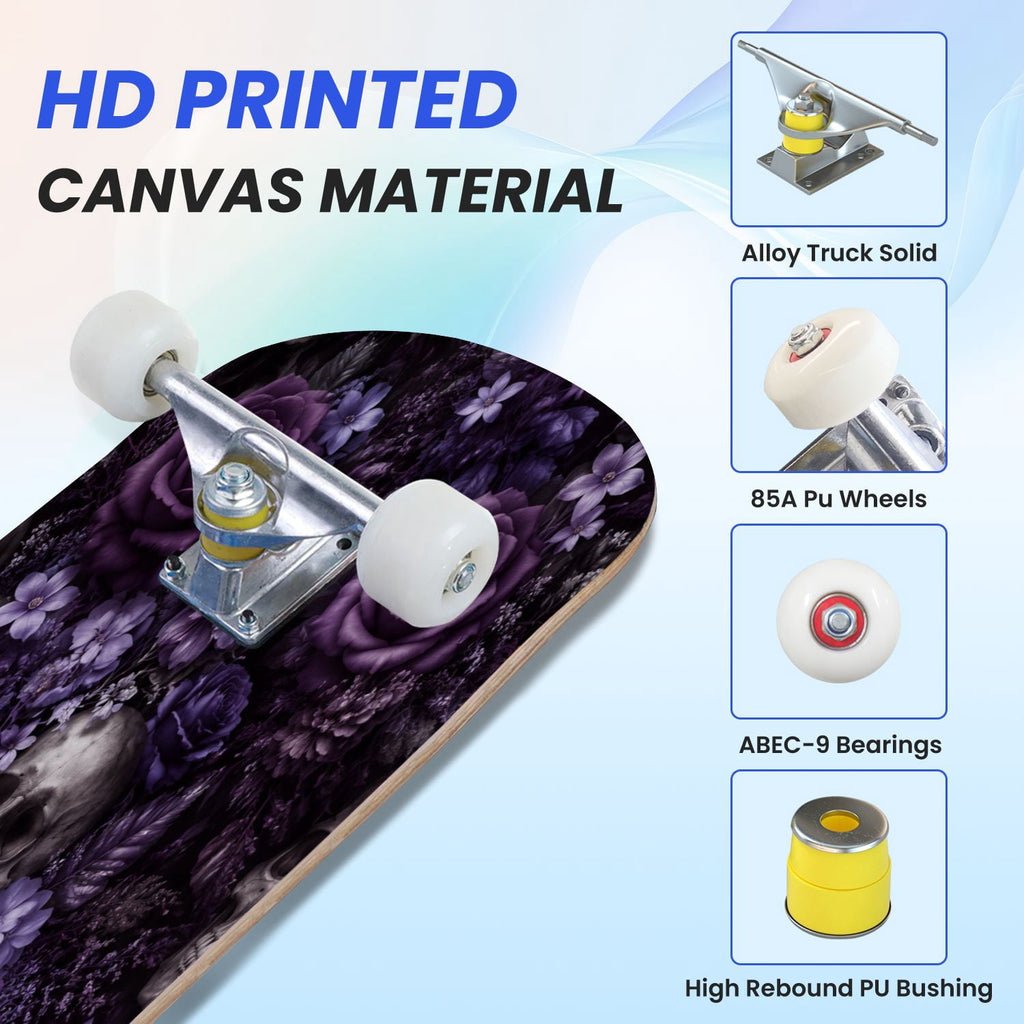 31"x8" Complete Skateboards for Beginners, Vibrant Purple Teal Floral Artwork Golden Accents Vintage Double Kick 7 Ply Canadian Maple Deck Skateboard with Wheels, Gifts for Kids Teens