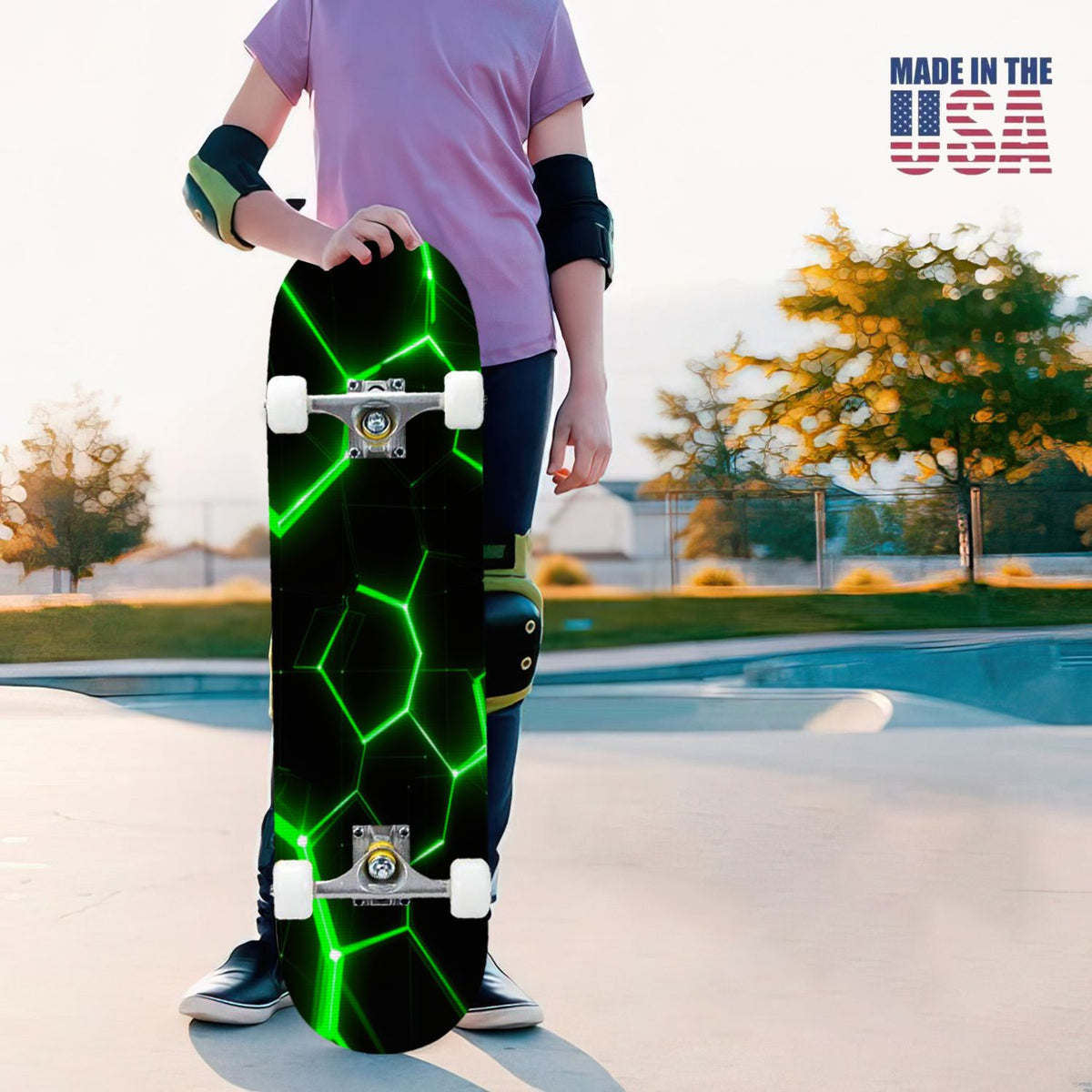 31"x8" Complete Skateboards for Beginners, Honeycomb Futuristic Hexagonal Neon Glowing Orange Light Double Kick 7 Ply Canadian Maple Deck Skateboard with Wheels, Gifts for Kids Teens