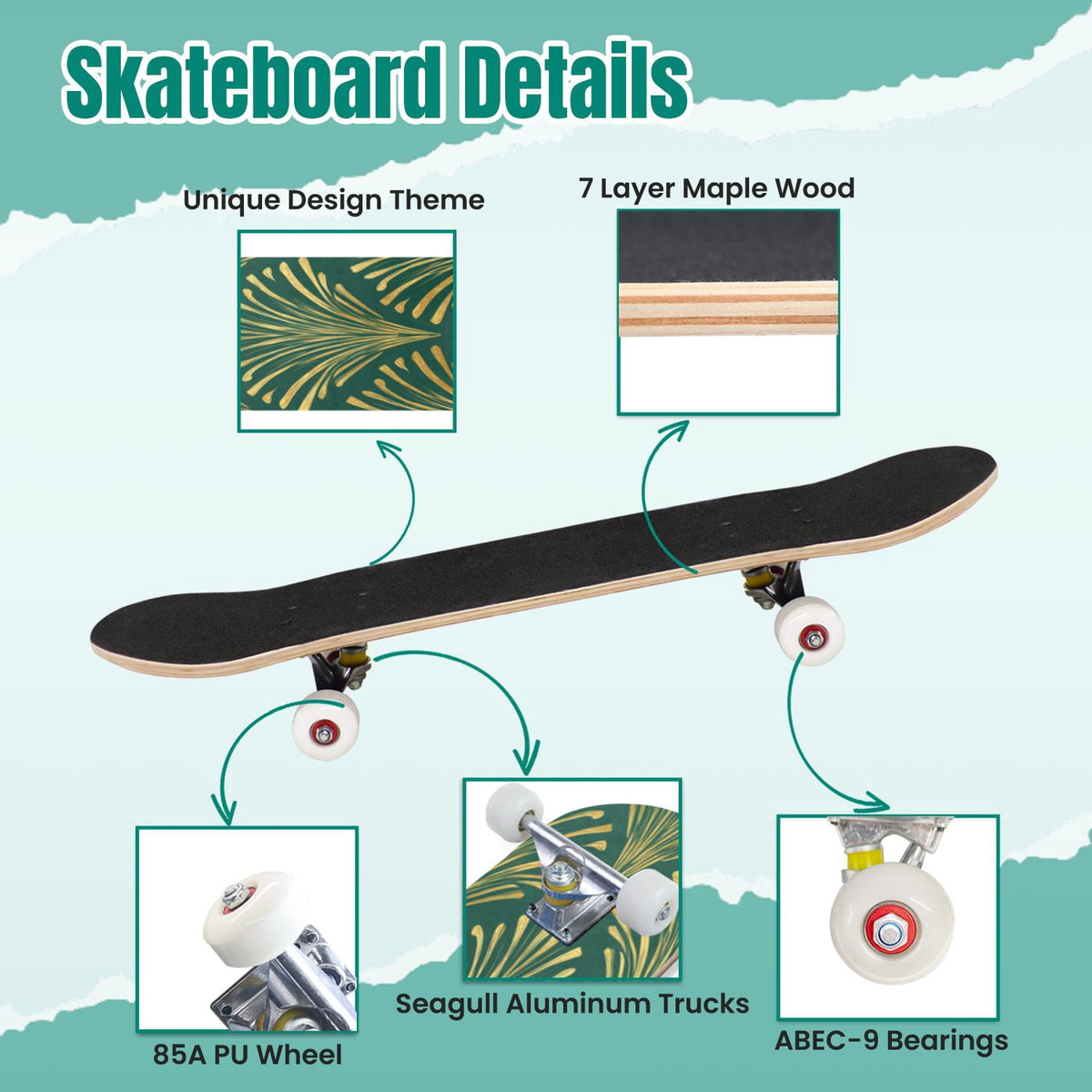 Buffalo Tan Grass Illustrations 31" x 8" Complete Skateboard, 7-Ply Canadian Maple Double Kick Trick Board for Kids and Beginners Adult Gifts