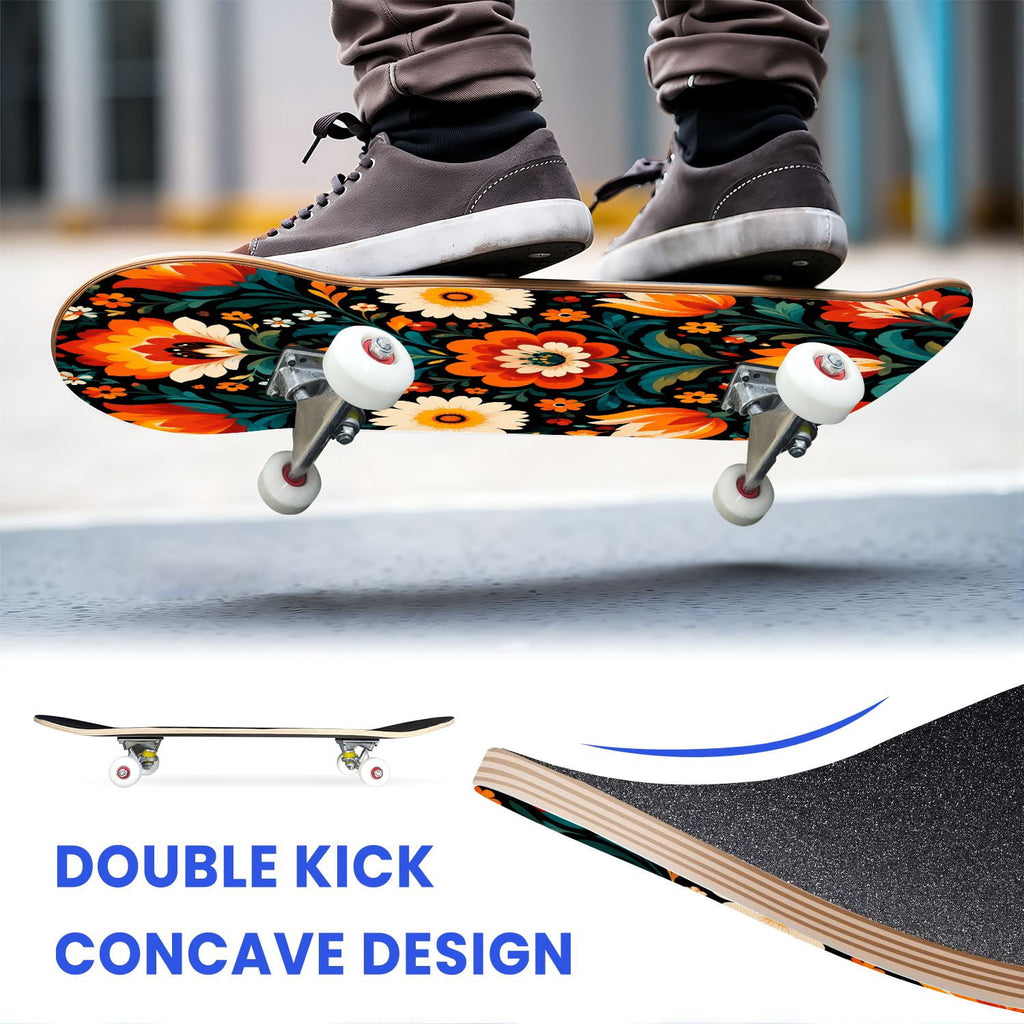 31"x8" Complete Skateboards for Beginners, Colorful Sugar Skull Vibrant Floral Day of the Dead Double Kick 7 Ply Canadian Maple Deck Skateboard with Wheels, Gifts for Kids Teens
