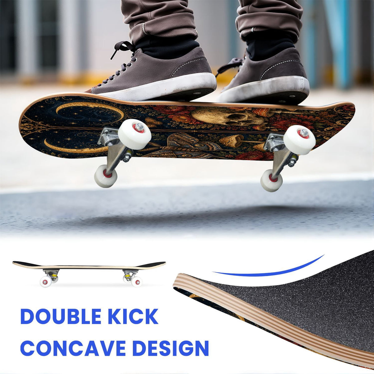 31"x8" Complete Skateboards for Beginners, Butterfly Garden Vintage Botanical Motifs Dark Green Teal Double Kick 7 Ply Canadian Maple Deck Skateboard with Wheels, Gifts for Kids Teens