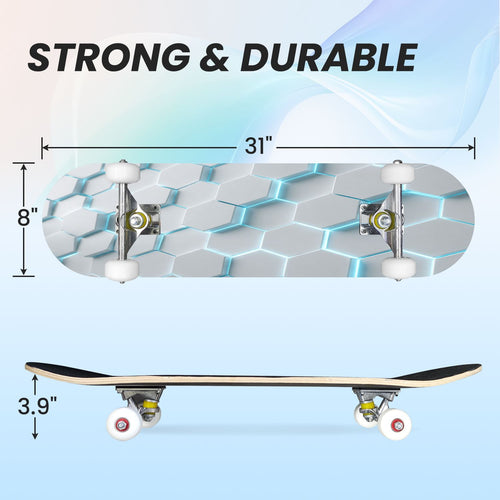 31"x8" Complete Skateboards for Beginners, Modern Abstract Hexagonal Blue Neon Glow Futuristic Double Kick 7 Ply Canadian Maple Deck Skateboard with Wheels, Gifts for Boys Teens