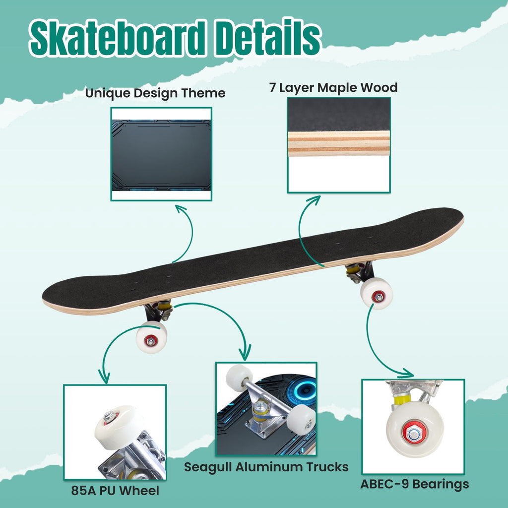 Futuristic Glowing Orange Neon Lines Dark Metallic Panels 31" x 8" Complete Skateboard, 7-Ply Canadian Maple Double Kick Trick Board for Kids and Beginners Adult Gifts