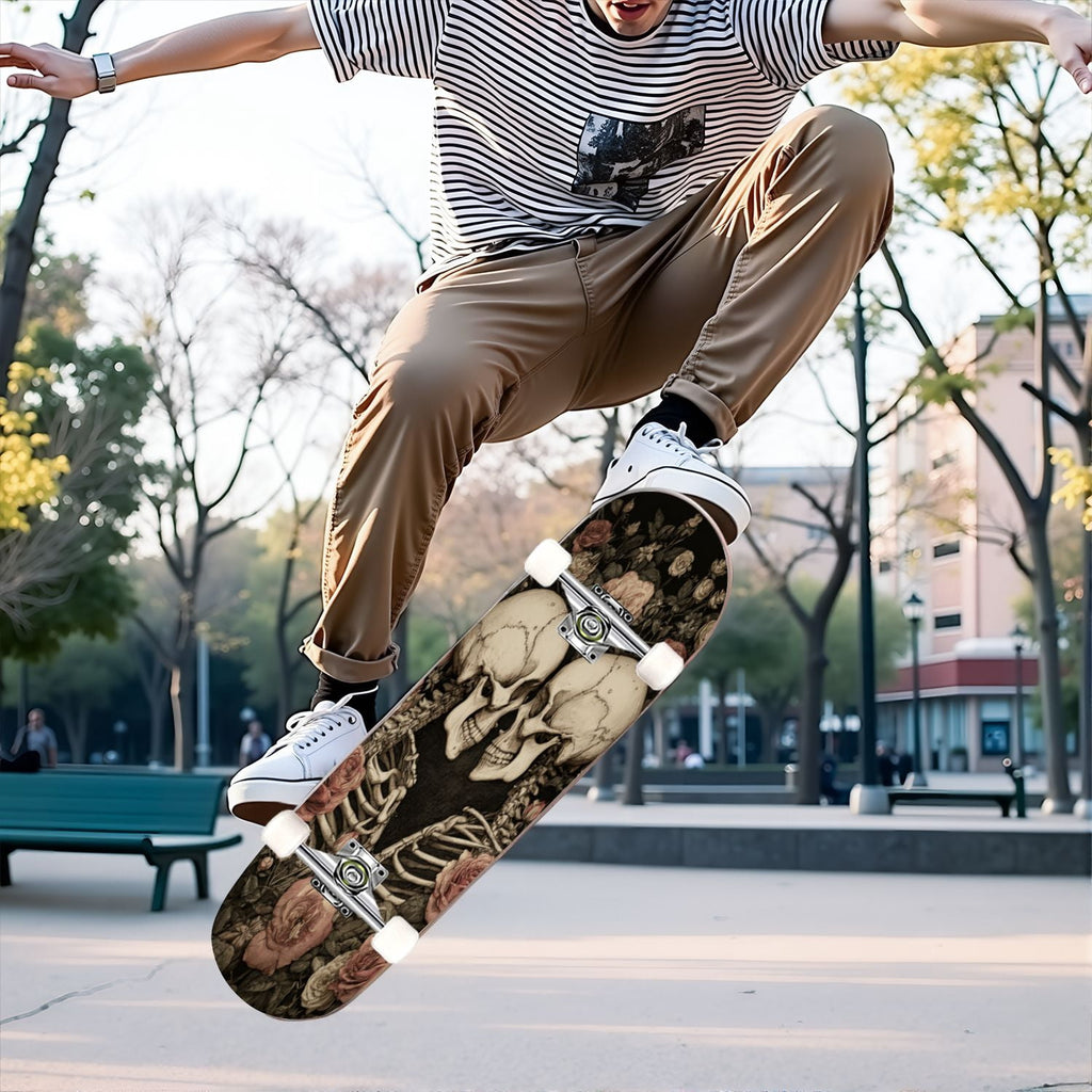31"x8" Complete Skateboards for Beginners, Romantic Skeletons Blooming Roses Dark Academia Double Kick 7 Ply Canadian Maple Deck Skateboard with Wheels, Gifts for Kids Teens