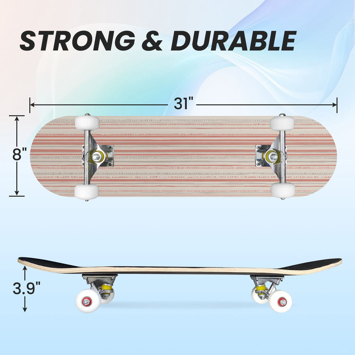 31"x8" Complete Skateboards for Beginners,Pastel Pink Vertical Stripe Minimalist Soft Design Double Kick 7 Ply Canadian Maple Deck Skateboard with Wheels, Gifts for Kids Teens