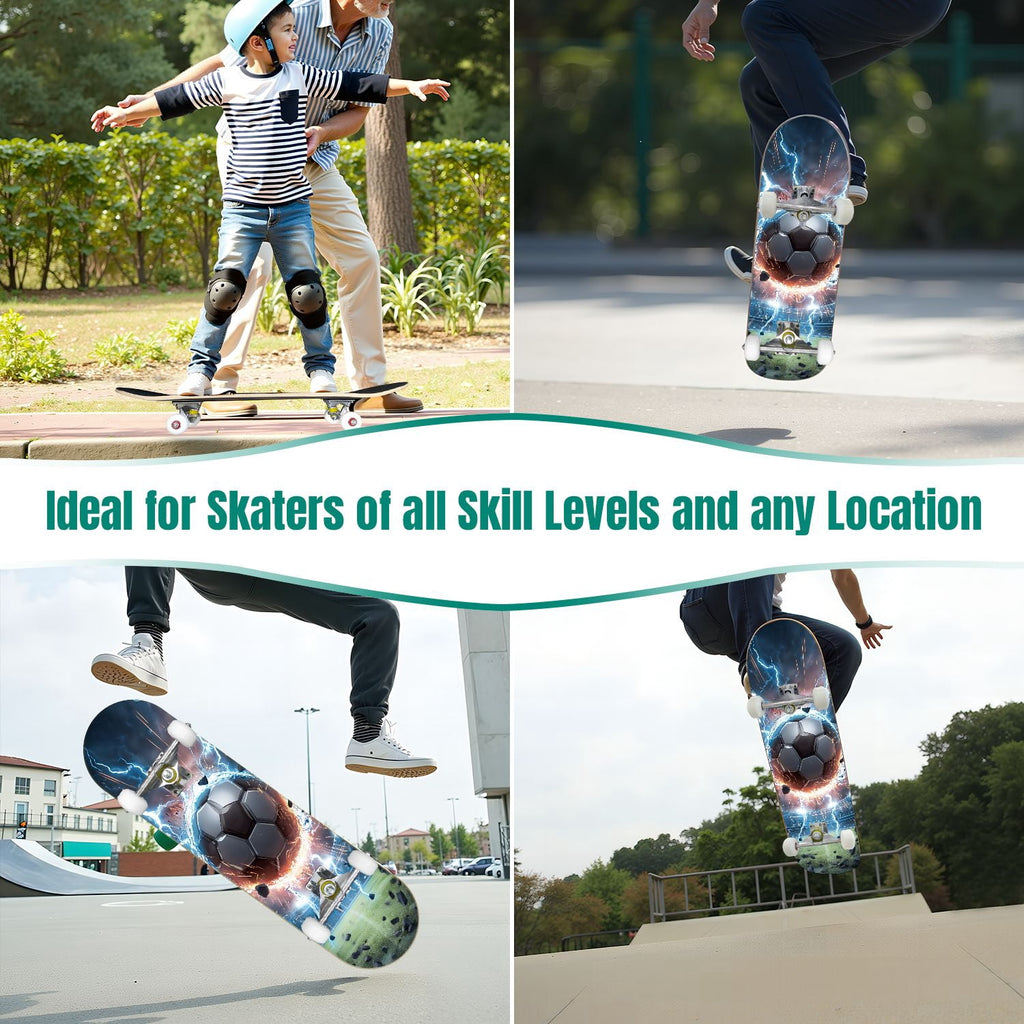 Dynamic Soccer Ball Explosion Energy Effects Stadium 31" x 8" Complete Skateboard, 7-Ply Canadian Maple Double Kick Trick Board for Kids and Beginners Adult Gifts