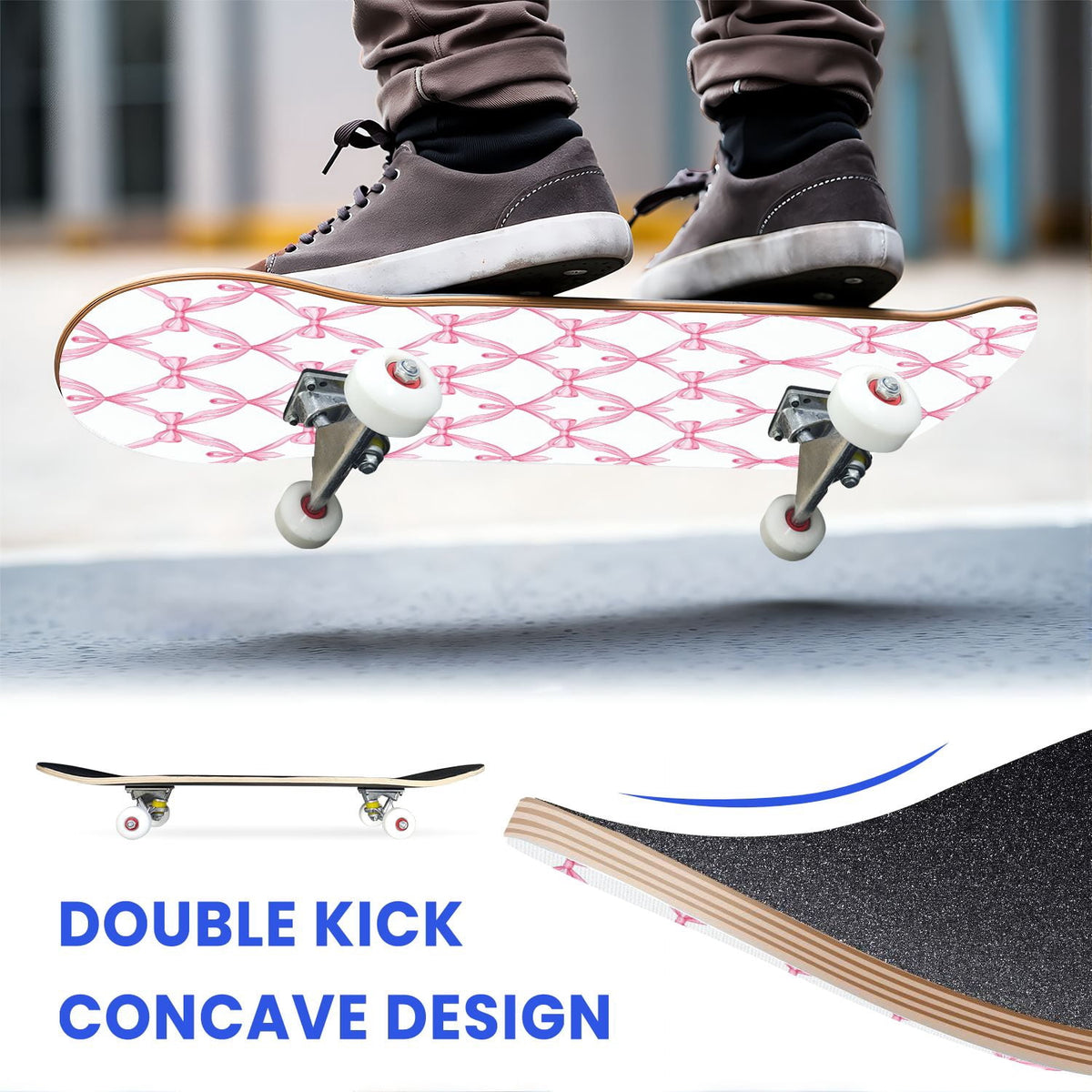 31"x8" Complete Skateboards for Beginners, Abstract Black Hexagon Honeycomb Glowing Blue Neon Geometric Double Kick 7 Ply Canadian Maple Deck Skateboard with Wheels, Gifts for Kids Teens