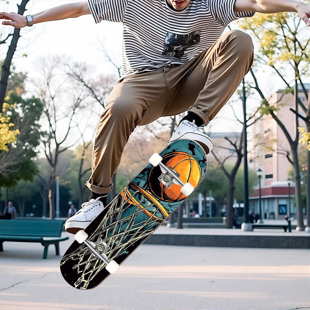 31"x8" Complete Skateboards for Beginners,Abstract Soccer Ball Vibrant Paint Splashes Drips Double Kick 7 Ply Canadian Maple Deck Skateboard with Wheels, Sports Gifts for Kids Teens