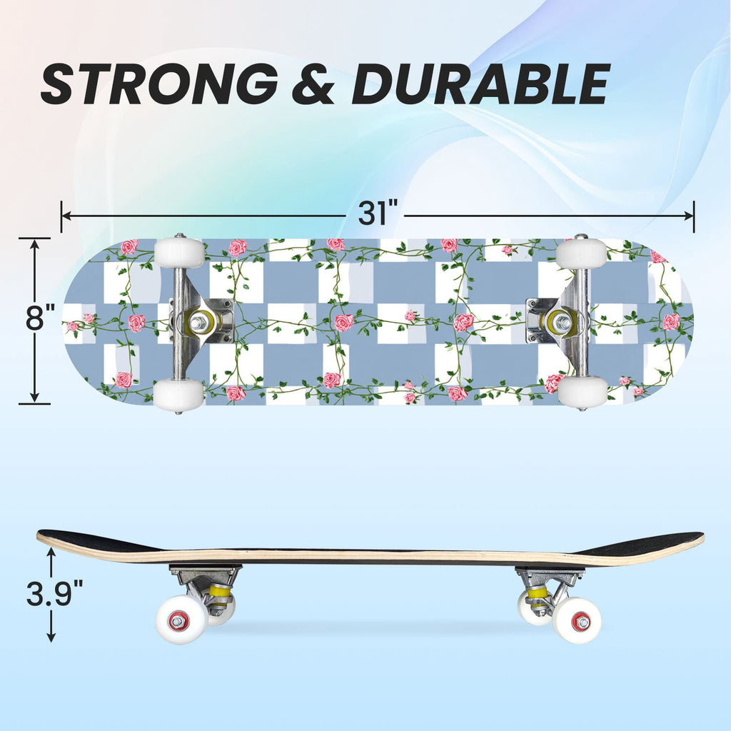31"x8" Complete Skateboards for Beginners,Black Pink Checkered Retro Aesthetic Double Kick 7 Ply Canadian Maple Deck Skateboard with Wheels, Gifts for Kids Teens