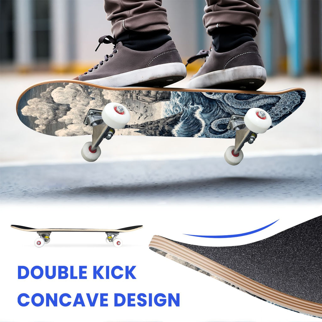 31"x8" Complete Skateboards for Beginners, Blue Deep Sea Sailing Ship Octopus Lighthouse Clouds Ocean Double Kick 7 Ply Canadian Maple Deck Skateboard with Wheels, Gifts for Kids Teens