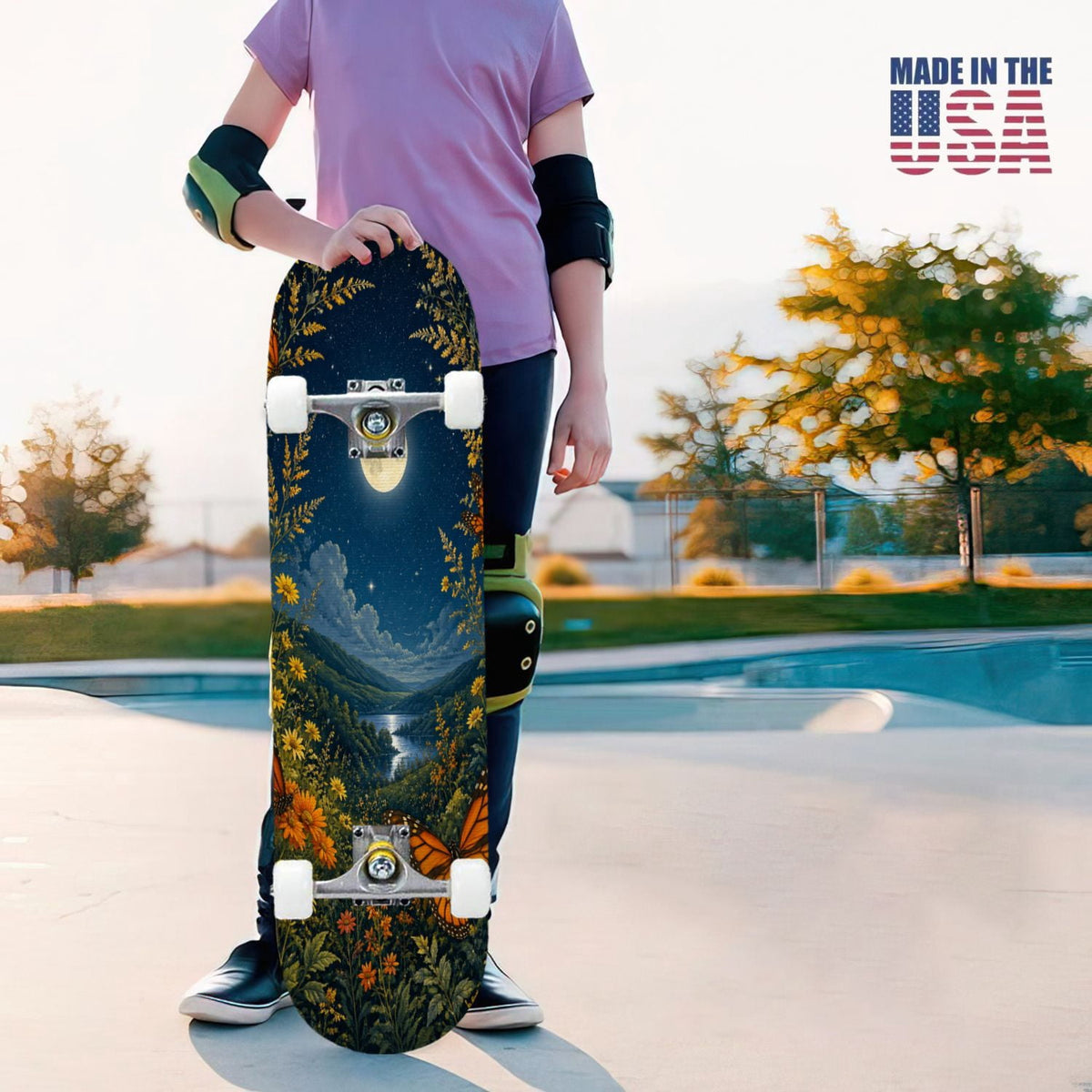 31"x8" Complete Skateboards for Beginners, Blue Moth Moonlight Flowers Mushrooms Forest Double Kick 7 Ply Canadian Maple Deck Skateboard with Wheels, Gifts for Kids Teens