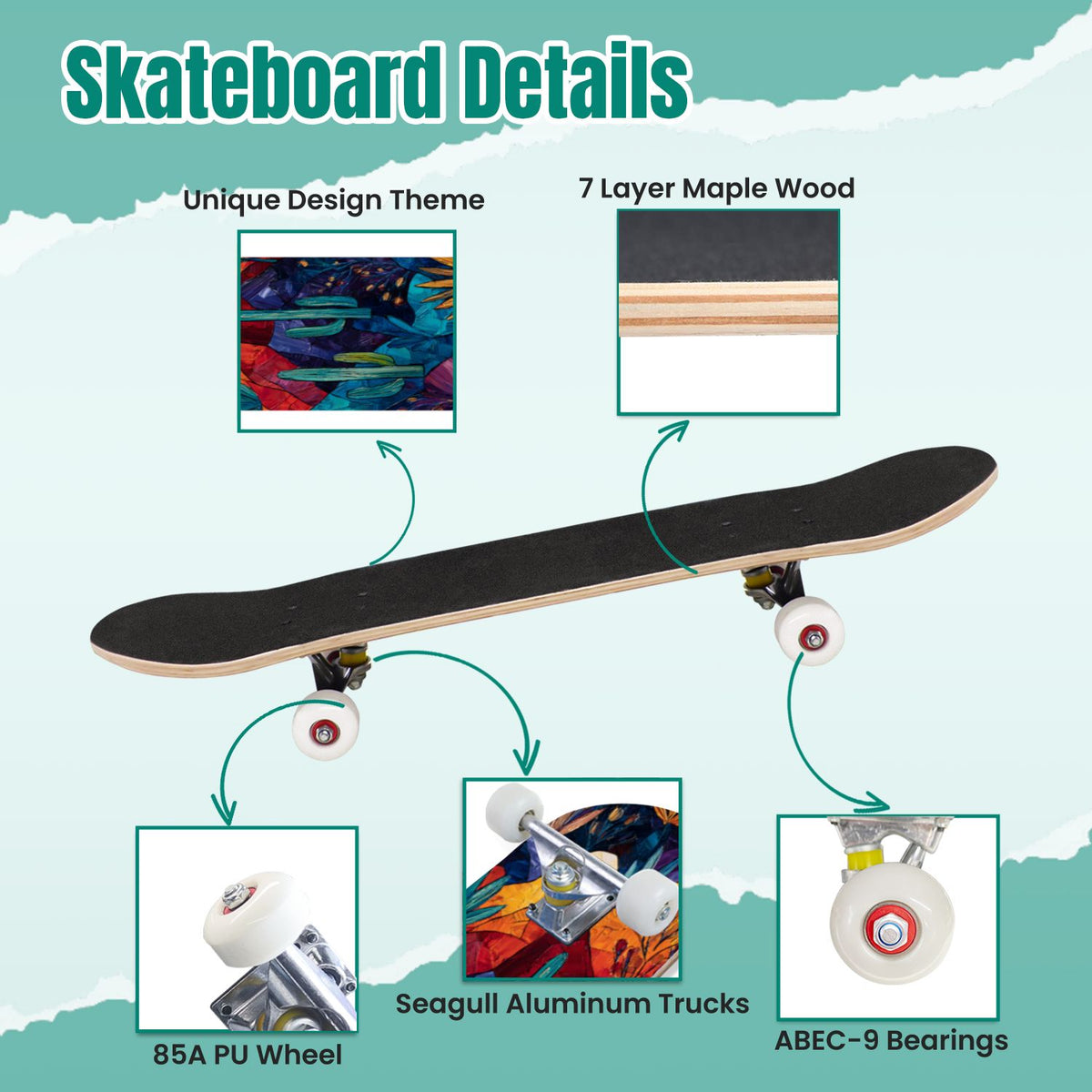 Botanical Floral Peonies Hummingbirds 31" x 8" Complete Skateboard, 7-Ply Canadian Maple Double Kick Trick Board for Kids and Beginners Adult Gifts
