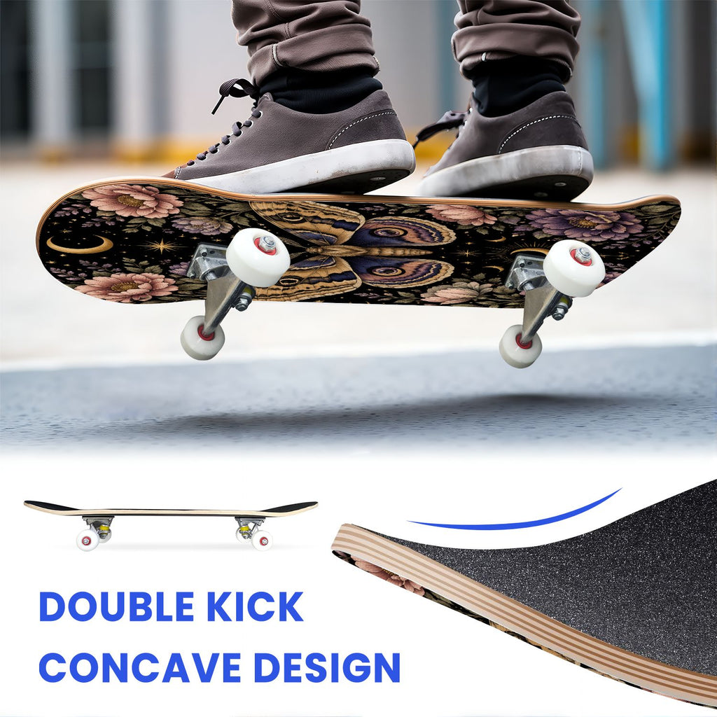 31"x8" Complete Skateboards for Beginners, Blue Moth Moonlight Flowers Mushrooms Forest Double Kick 7 Ply Canadian Maple Deck Skateboard with Wheels, Gifts for Kids Teens