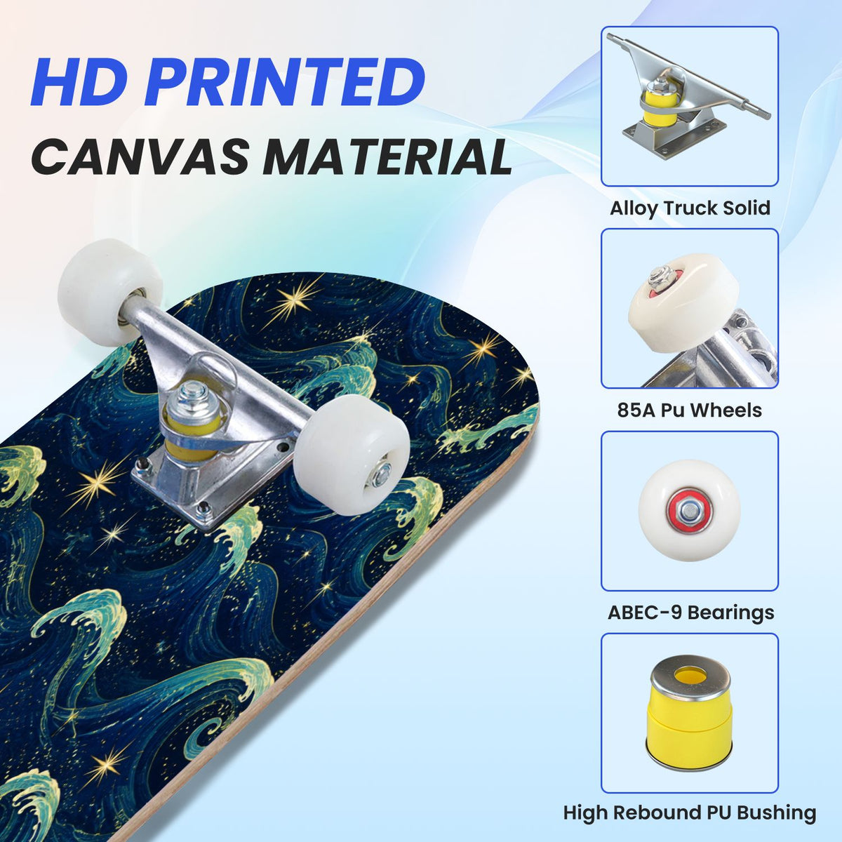 31"x8" Complete Skateboards for Beginners, Colorful Turtle Floral Shell Starry Night Marine Life Double Kick 7 Ply Canadian Maple Deck Skateboard with Wheels, Gifts for Kids Teens